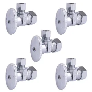 Hausen 1/2-inch Nominal Compression Inlet x 3/8-inch O.D. Compression Outlet 1/4-Turn Angle Water Stop; Lead-Free Forged Brass; Chrome-Plated; cUPC/ANSI/NSF Certified; Compatible with Copper Piping, 5-Pack