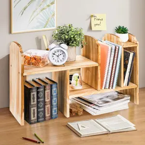Expandable Pinewood Desktop Storage Shelf, Adjustable Two-Tier Bookcase Organizer for Books, Magazines, Office Supplies, and Small Decor