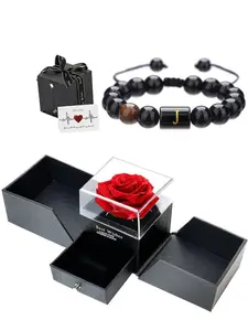 Men's Letter Detail Bracelet & Rose Gift Box Set, Stylish and Versatile for Parties & Daily Wear, High-Quality Jewelry Gift, Beaded Bracelets, Letter Link Bracelet