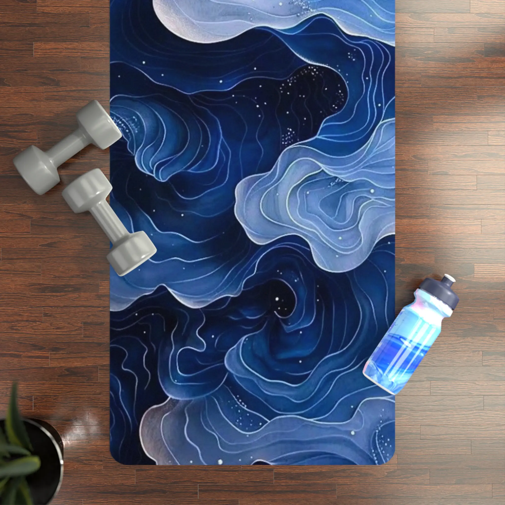 Blue Abstract Marble Waves Rubber Yoga Mat | Ocean Swirl Pattern, Anti-Slip Meditation Mat