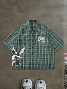 Men's Regular Fit Letter & Striped Print Short Sleeve Shirt, Casual Party Shirt, Casual Plaid Shirt, Casual Retro Button Top for All Seasons, Men's Clothes for Daily Wear