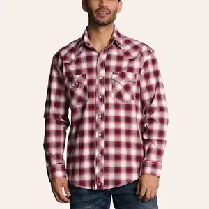 Rafter C Men's Red Plaid Print Long Sleeve Pearl Snap Western Shirt
