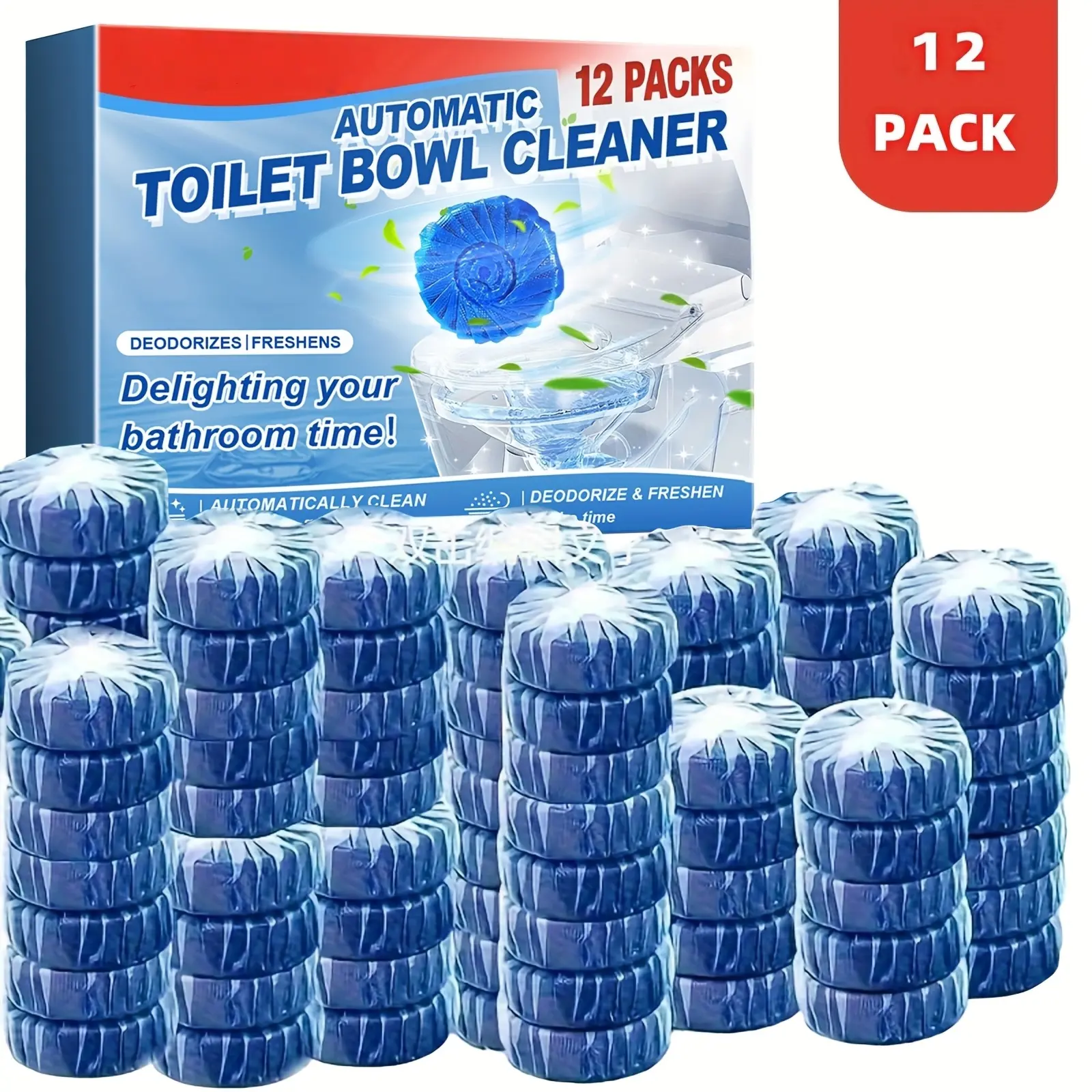 12Pcs Solid Automated Toilet Cleaner Tablets with Brush - Household Tank Cleaning Solution, Low Odor, Unscented, Plastic Safe, Powerful Stain Fighter, Long-Lasting, Easy to Use & Install, Deodorizing, Indoor Bathroom Deep Clean (Home Care Supplies)