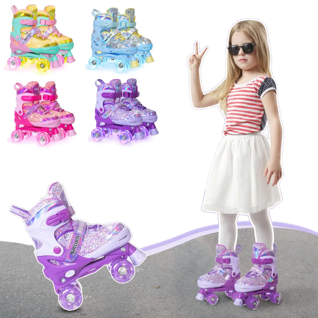 Girls' Starry Quad Roller Skates for Kids Ages 3-12, 4-Size Adjustable, Battery-Free 8 Light-Up Wheels, Triple Safety Closure, Beginner Sports Footwear, Birthday Holiday Gift, Boy Girl