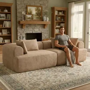 96" Boucle Sectional Modular Loveseats Sofa with Rounded Arms, Compressed Convertible 2-Seater Sleeper Couch with High-Density Cushion, Easy Assembly, for Living Room, Apartment, Brown