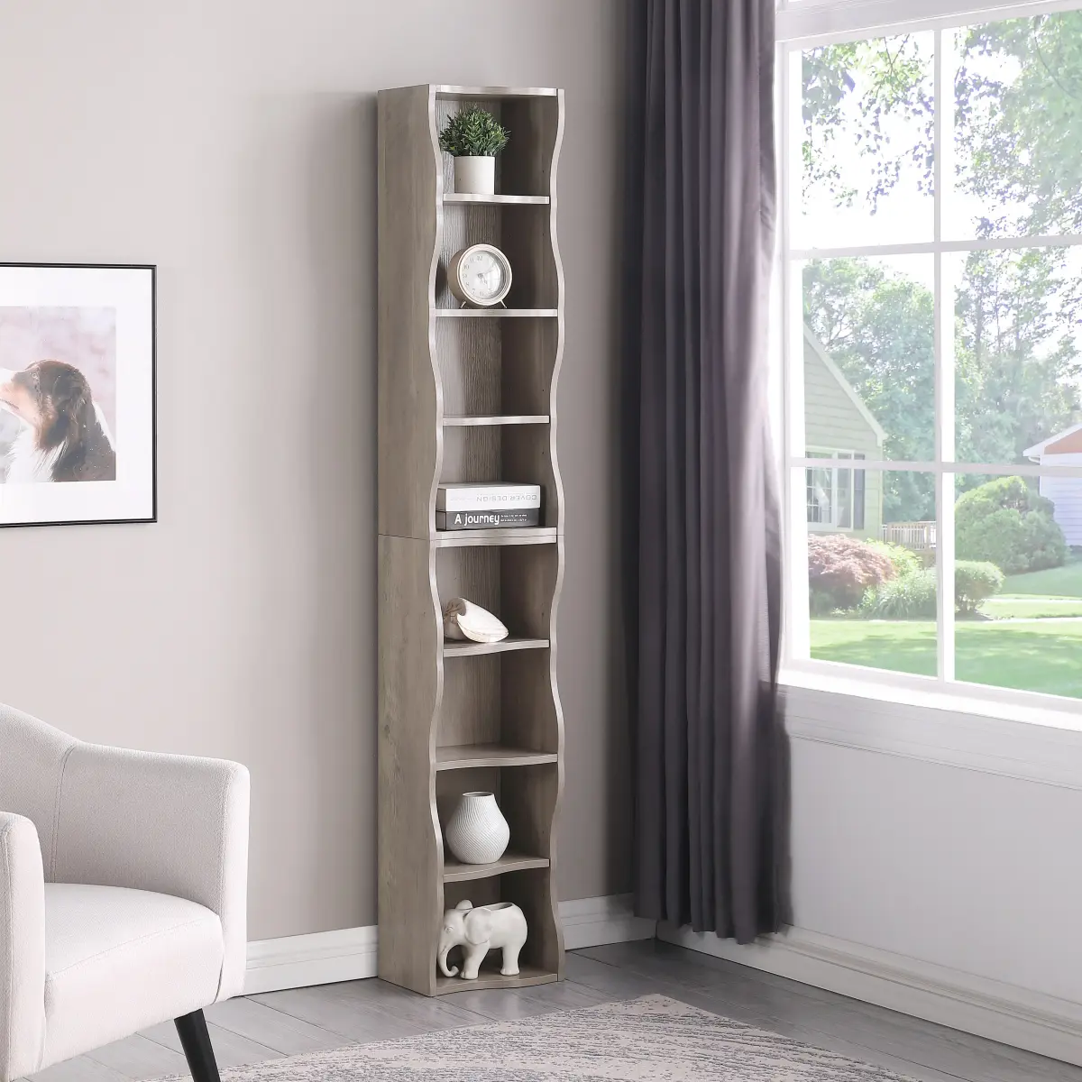 8-Tier Adjustable Ultra-Thin Bookshelf with Wavy Border, Detachable Combined Storage Cabinet, Multi-Functional Display Shelf for Home & Office, Gray