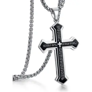 Men's Stainless Steel Nail Lord's Prayer Cross Pendant Necklace for Men Women Big Pendant and Strong Chain 24"