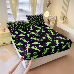Glow Alien Crew Party Fitted Sheet Set Includes 1 Fitted Sheet & 2 Pillowcases without Filler, Silky cosmic comfort, radiates playful green aliens dancing, sparkling stars & trippy energy. Abduct sweet dreams nightly!
