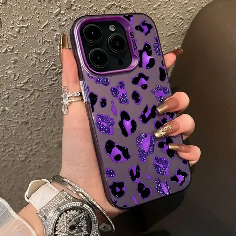 Sparkling Purple Leopard Animal Print Silvery IMD TPU Cellphone Cover - Preppy Street Style Protective Casing, Multi-Model Phone Accessory with Protection for iPhone 13 Pro Max/15 Pro/17/17 Air