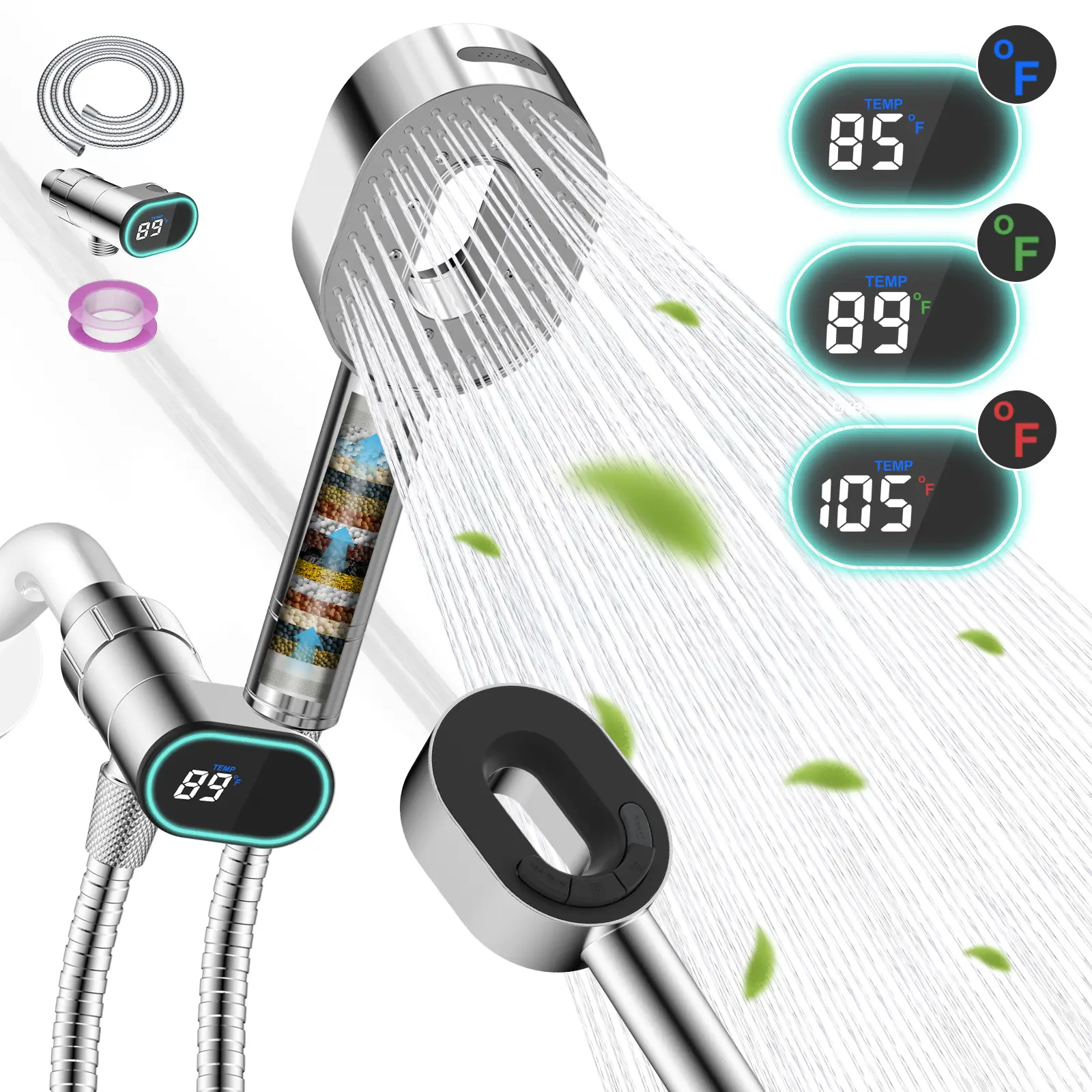 Hibbent Modern Upgraded Filtered Handheld Rainfall Shower Head - High-Pressure 5-Spray Handheld Shower Wand, 20-Stage Filter, Chlorine Removal, LED Display Screen Holder, Brass Pivot Bracket, 59in Hose, Chrome Finish