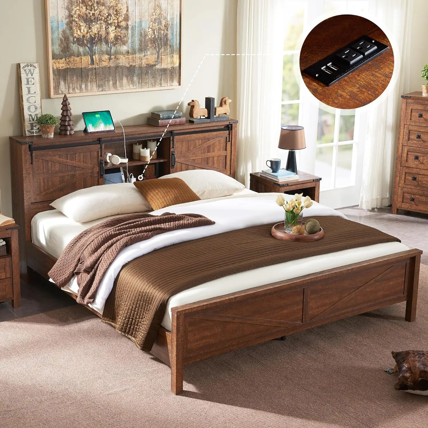 T4TREAM Farmhouse Queen Size Bed Frame w/Storage Bookcase Headboard, Sliding Barn Door, Charging Station, Rustic Wood Platform Bed w/Wood Slats Support, No Box Spring Needed
