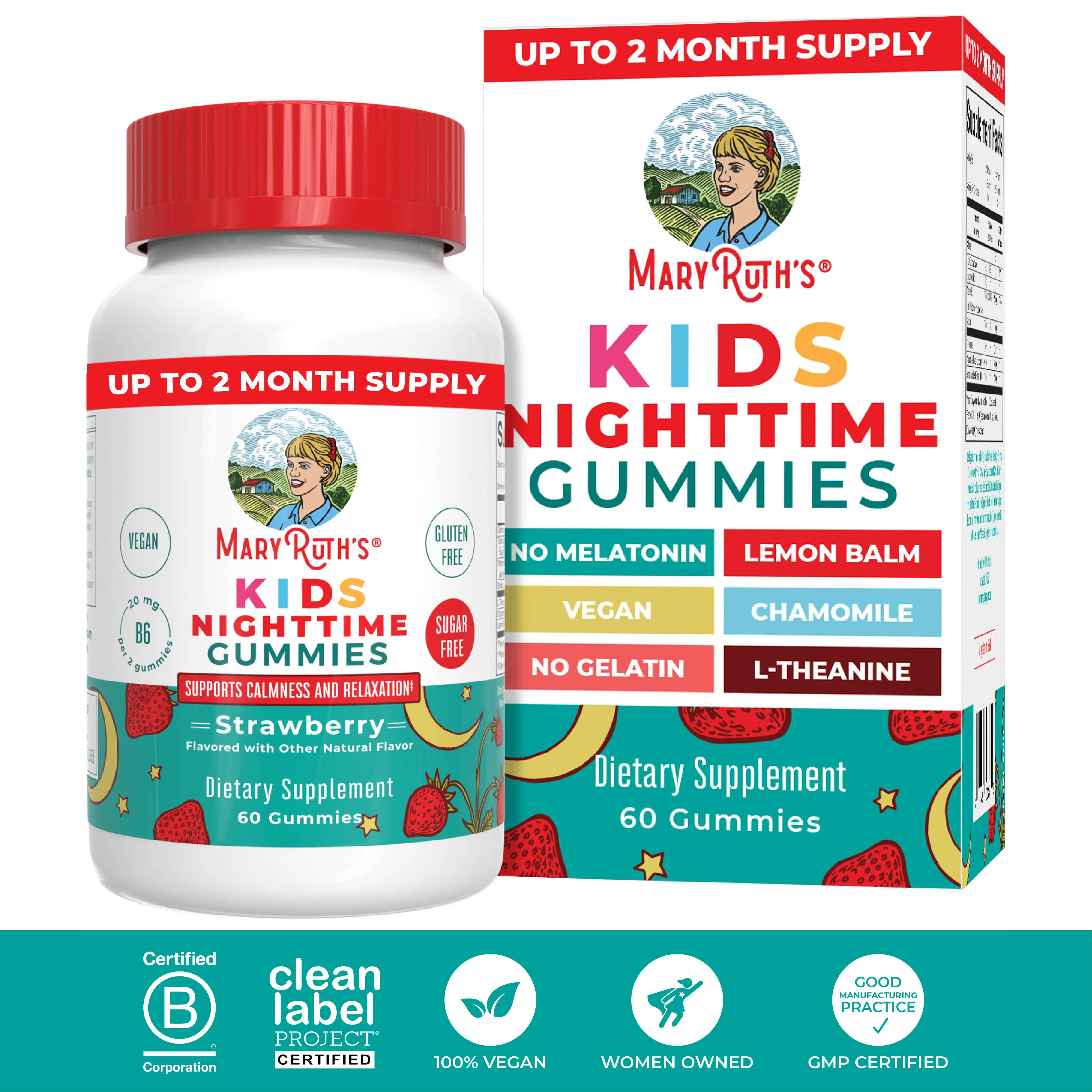 MaryRuth's Kids Nighttime Gummies - Sugar Free - NO Melatonin - L Theanine - Lemon Balm - Chamomile - Vitamin B6 - Relaxation - Vegan - 60 Count