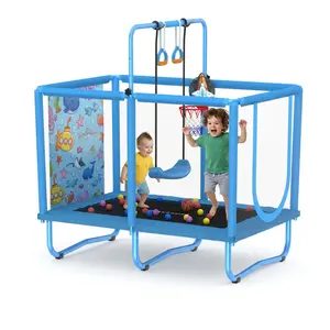 SkyBound 6-in-1 Kids Trampoline 36*55'' 600LBS Load, Indoor Outdoor Toddler Playground with Enclosure Net, Basketball Hoop, Swing & Ocean Balls,two lifting rings, Safe Active Gift for Boys Girls 1+ Years ,No-Tool Assembly #ScreenFreeFunn ,Safety Certified