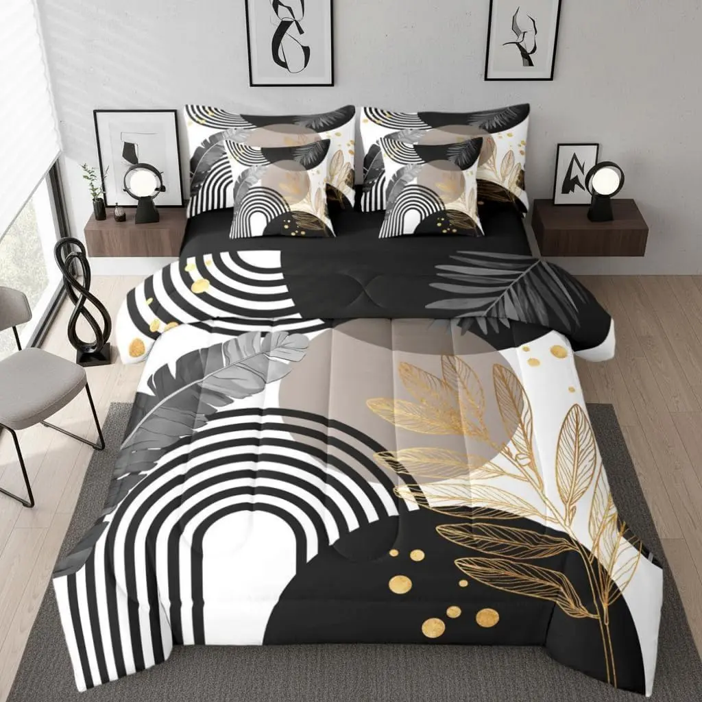 Boho Mid Century Comforter Set 7 Piece Black White and Gold Bedding Set for Adult Women Sun Geometric Rainbow Sheet Set with Comforter Modern Minimalist Leaves Bed in A Bag