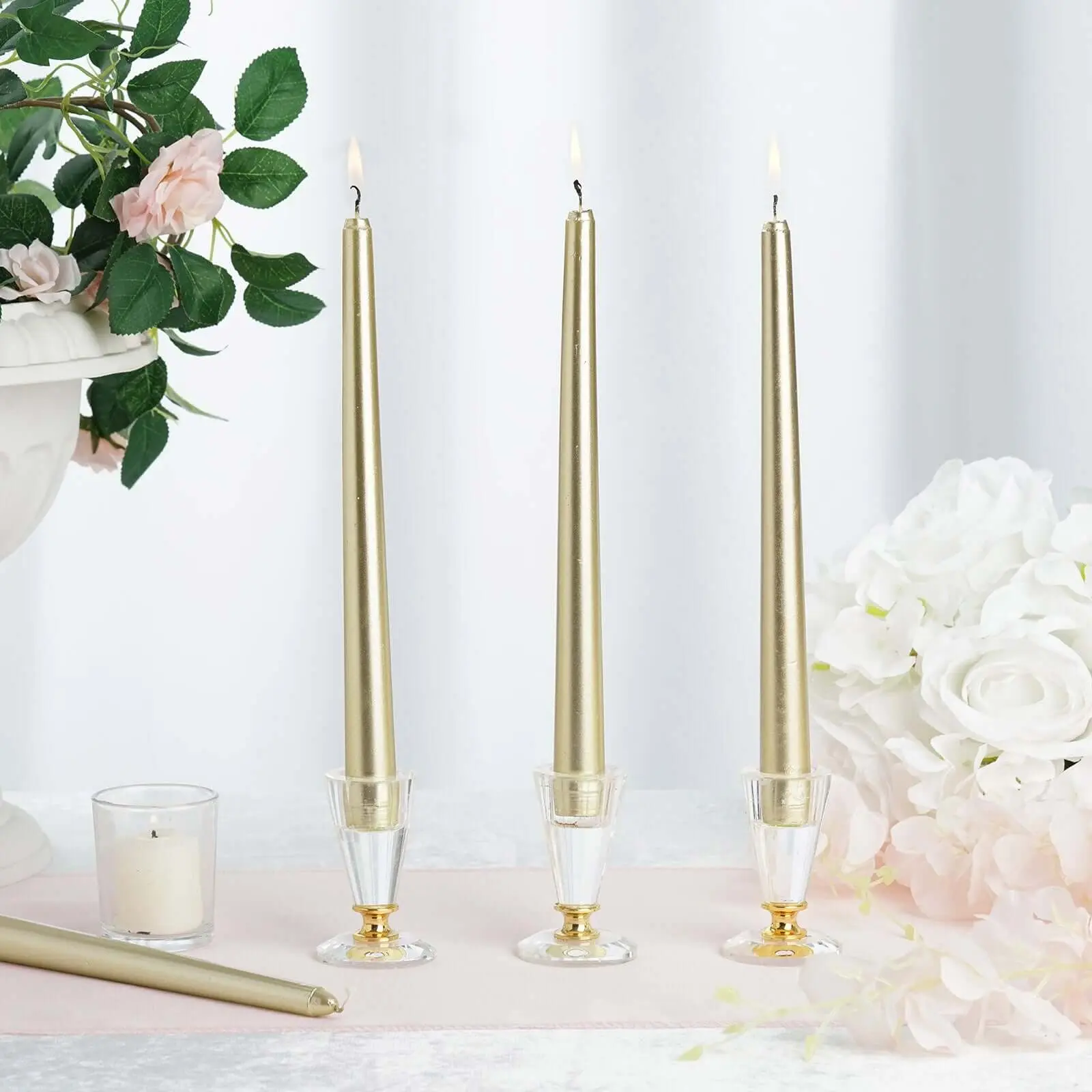 12-Pack Taper Candles 10" Premium Wax Design Metallic Gold - Unscented Candles for Stylish Settings