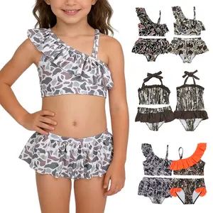 Camo Print Ruffle Swimsuit For Girls Toddler One Shoulder Light Weight Stretchy Two Pieces Biniki Outfit For Summer Pool & Beach, Family Matching Swimwear, Swimwear Bathing Suits