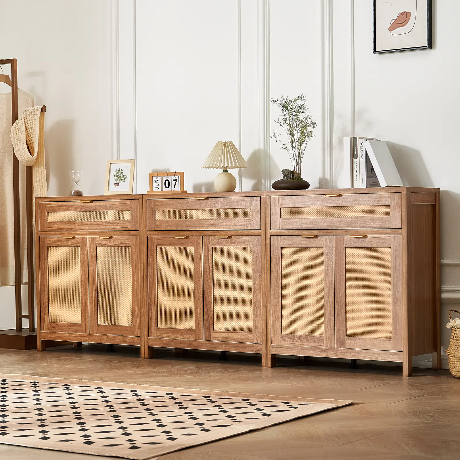 【BackToSchool】VEVOR Rattan Cabinet, Set of 3, Rattan Storage Cabinet with 6 Magnetic Doors and 3 Drawers, Sideboard Buffet Cabinet with Adjustable Shelves, Ideal for Hallway, Entryway, Living Room, or Kitchen, Natural