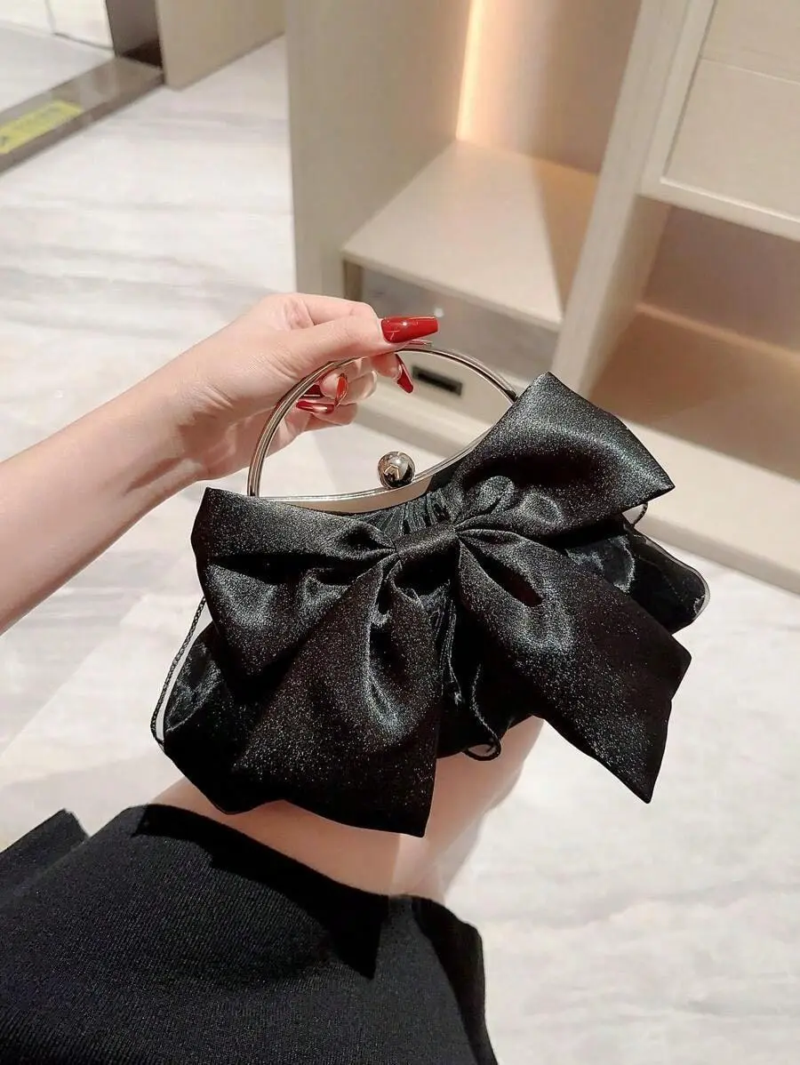 Moonlit Eve Y2K Glitter Bling Bow Decor Evening Clutch Bag, Shiny Glamorous Elegant Exquisite Solid Color Bowknot Purse for Women, Perfect for Back-To-School Parties, Clubs, Weddings, Prom, Dinner, Music Festivals, Best Gift for Ladies