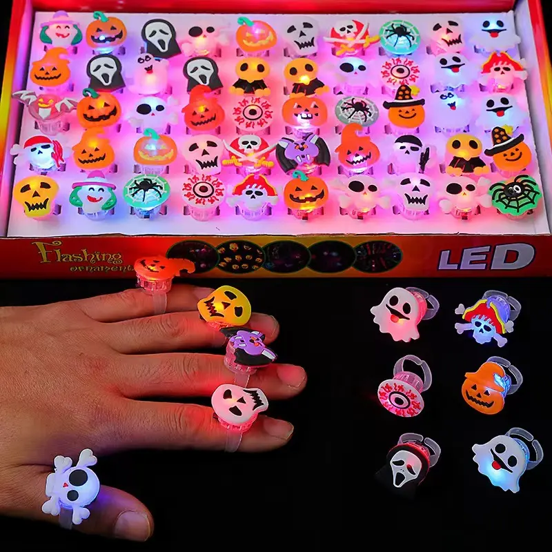 Halloween 50Pcs LED glowing ring, Light Up Pumpkin SkullParty Ring Gift, gift bag filler, can shine in the dark, suitablefor parties,Holiday gift,Box Spooky Decorations SuppliesCreepy sonny angels skull panda