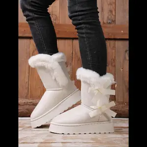 Women's Butterfly Knot Thick Sole Snow Boots, Fleece Lined Waterproof Short Winter Shoes, New Style Warm Cotton Padded Footwear Rubber Girl