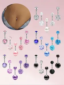Stainless Steel Cz Belly Ring Set, 5 Counts Navel Piercing Jewelry, Belly Button Jewelry, Elegant Design for Women and Girls, Perfect Gift for Holidays