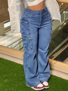 Women's Loose Straight Leg Denim Overalls, Classic Multi-Pocket Design, Non-Stretch Regular Zipper Button Pants, Comfortable And Versatile, Suitable For Everyday Wear And Outdoor Activities