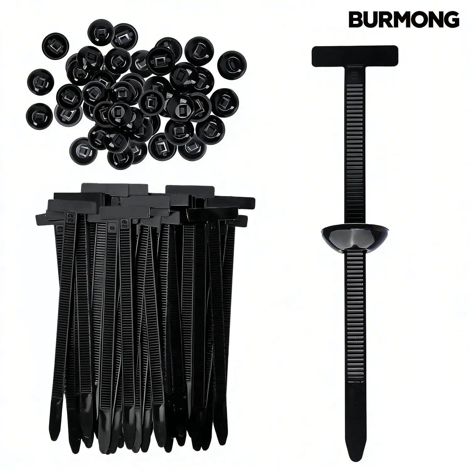 BURMONG 100 Pcs Nylon Universal Self-Locking Cable Tie Buckles for Car - Easy-Install Zipper Clips with Pin & Button Design, UV-Resistant for Quick Daily Car Repairs, Outdoor Wire Organization Tools