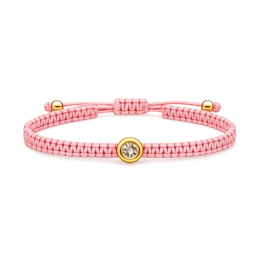Pink Macrame Bracelet with 18K Gold Bezel Charm – Adjustable Handmade Cord Bracelet for Women and Girls – Minimalist Friendship Jewelry Gift