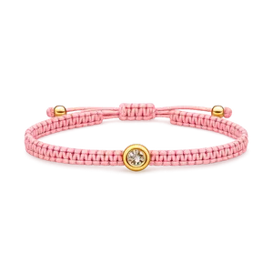 Pink Macrame Bracelet with 18K Gold Bezel Charm – Adjustable Handmade Cord Bracelet for Women and Girls – Minimalist Friendship Jewelry Gift