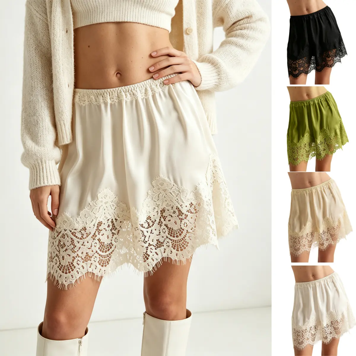 SCUSTY Women's Lace Mini Low Rise Pleated Ruffle Half Slip Skirt Solid Casual Elastic Layered Trim Short Skirts Underskirt