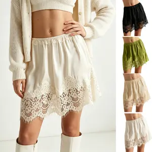SCUSTY Women's Lace Mini Low Rise Pleated Ruffle Half Slip Skirt Solid Casual Elastic Layered Trim Short Skirts Underskirt
