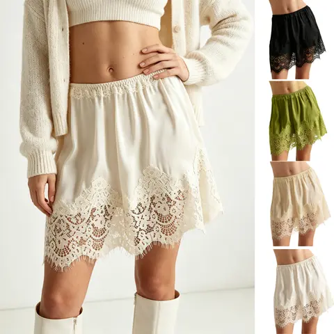 SCUSTY Women's Lace Mini Low Rise Pleated Ruffle Half Slip Skirt Solid Casual Elastic Layered Trim Short Skirts Underskirt