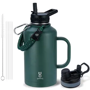 【Yawbay】Half/Full Gallon (64/128oz) Vacuum Insulated Water Bottle | 2-in-1 Straw & Chug Lids + Military-Grade Paracord Handle | Leakproof Stainless Steel Jug Keeps Ice 48+ Hours | for Hiking, Camping, Gym, Fishing, Sports, Long Drives & Office