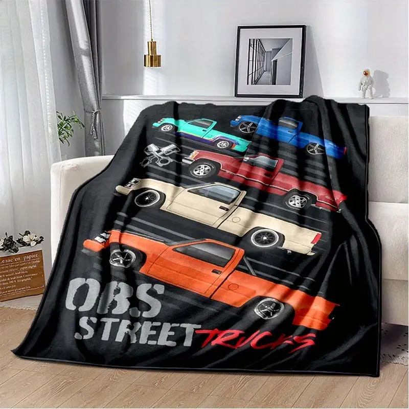 Retro Truck Pattern Flannel Blanket - Soft Warm All-Season Throw, Multi Color Blankets with Vintage Car, Racing-Themed, Western Retro, Car Print Graphics & OBS STREET TRICKS Design, Black Base for Home Camping Gift, Racing-Themed Blankets