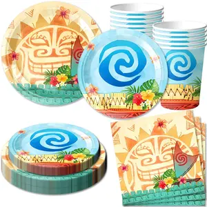 Hawaiian Theme Party Set, Sea Leaf Pattern Disposable Cutlery Set, 51pcs Includes Plates, Dessert Plates, Cups, Napkins, Tablecloth