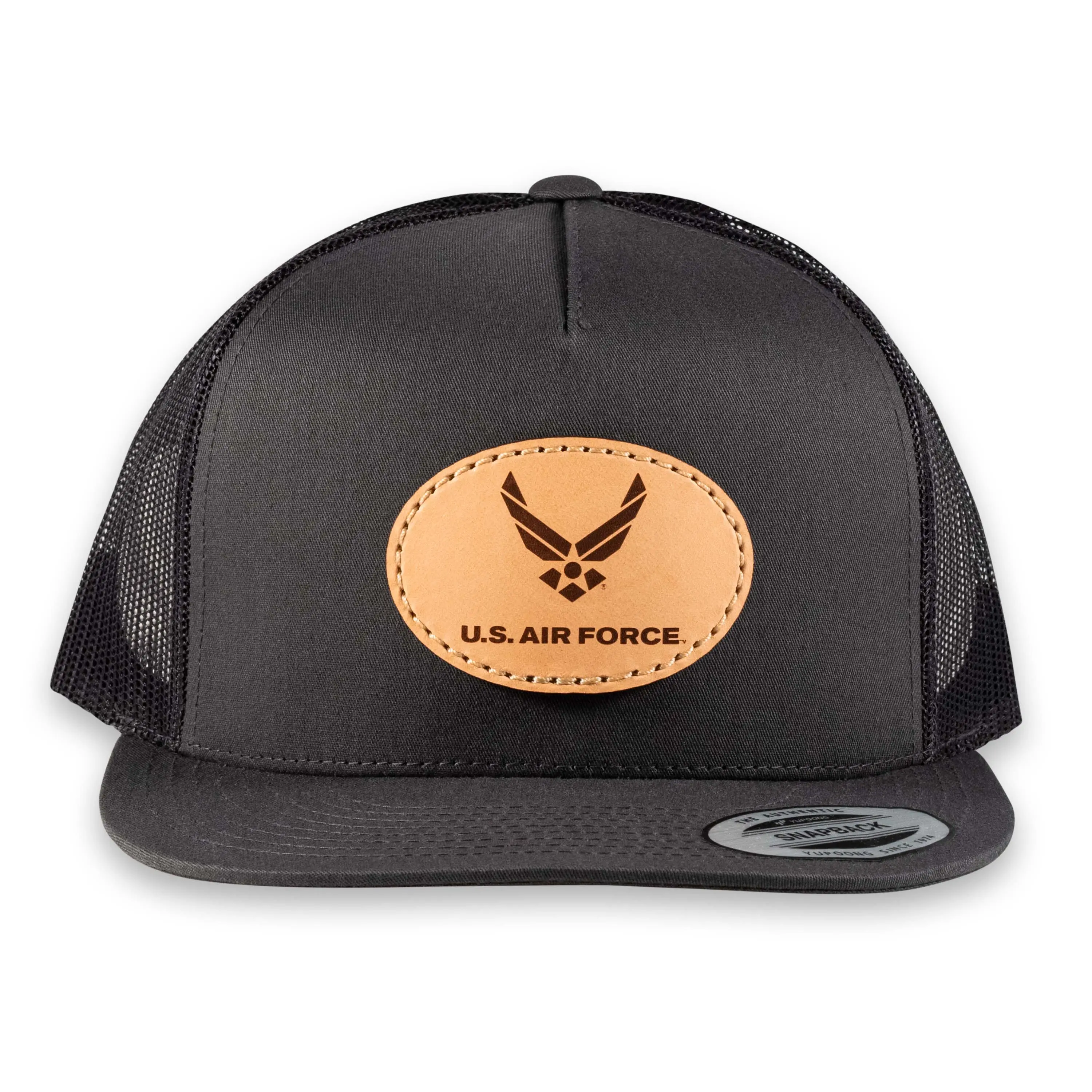US Air Force Signature Oval Logo Five-Panel Classic Trucker Hat with Leather Patch - Officially Licensed