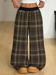 Women's Low-Waist Casual Plaid Pants, Loose Fit Adjustable Drawstring Waist, Soft Fleece Fabric, Warm and Comfortable, Street Style for Home and Travel, Spring