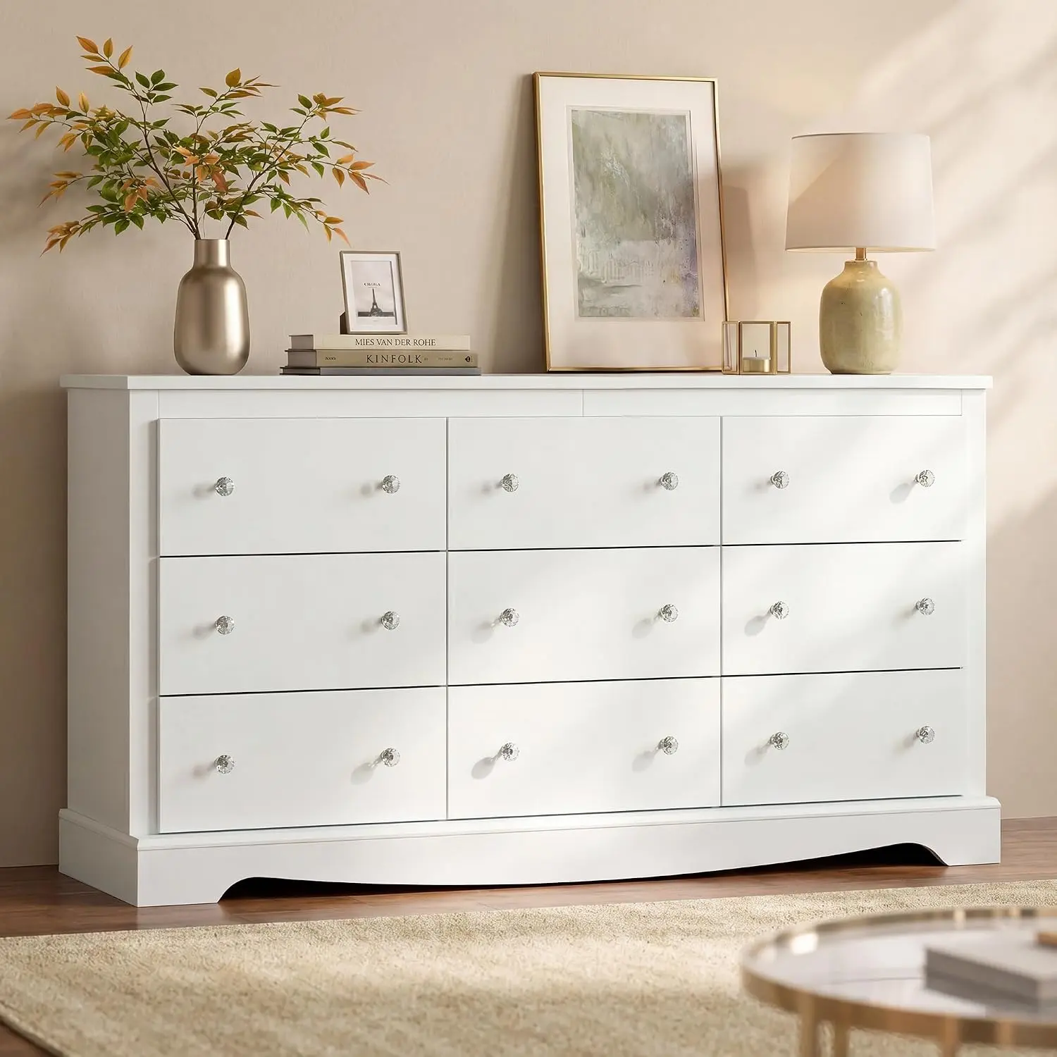 WLIVE 63" Dresser for Bedroom, Modern 9 Drawer Dresser with Exclusive Anti-Tip Structure, Large Wooden Chest of Drawers with Metal Handles for Living Room, Hallway, Closet, Home Furniture, White