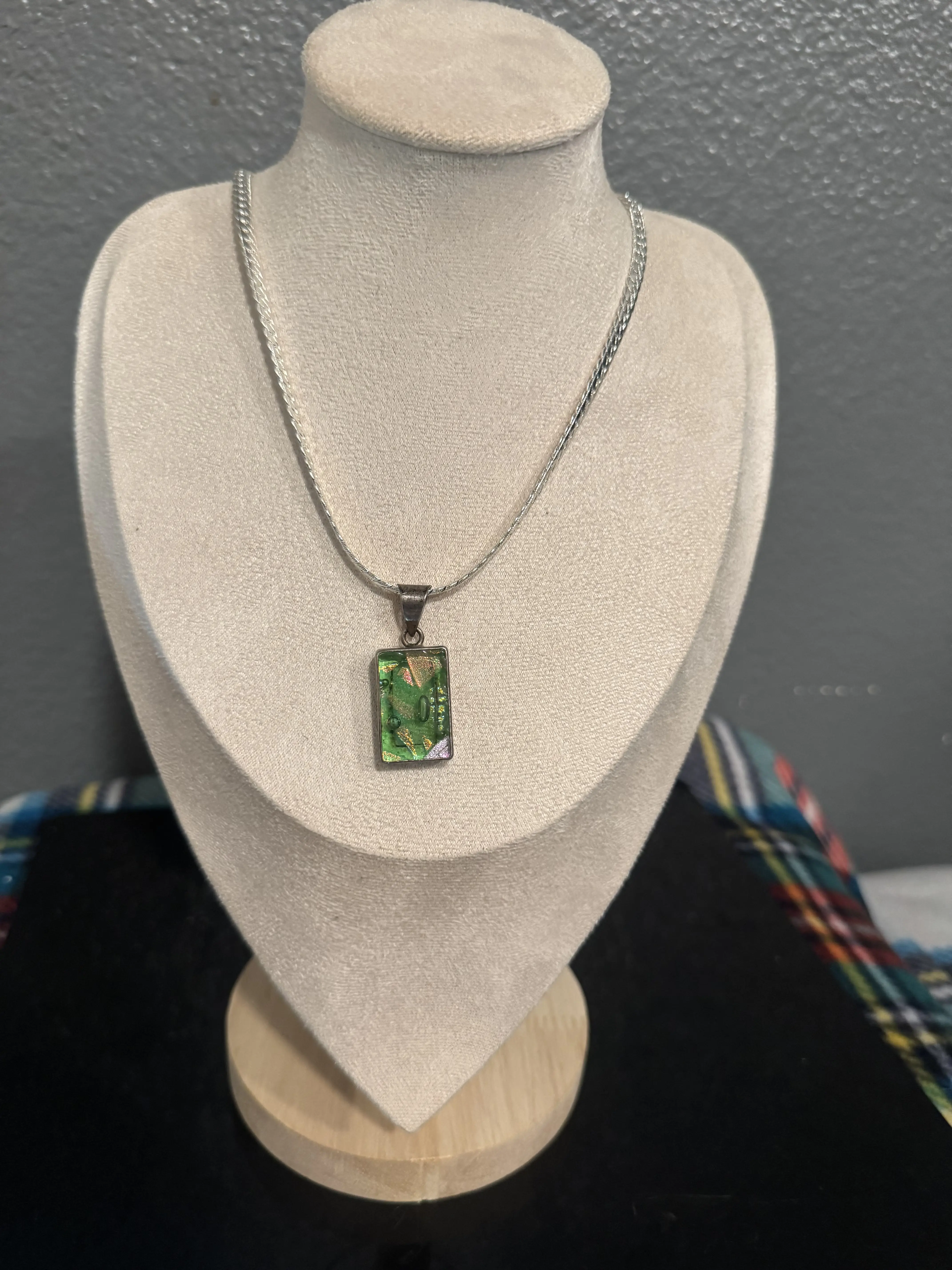 Antique Hand-Painted Glass Stone Pendant Necklace, Handmade 925 Sterling Silver Rectangle Bar, 20-Inch Snake Chain, Lobster Closure, Unisex Silver Jewelry for Collectors
