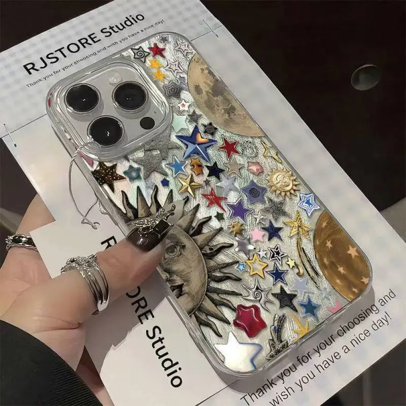 Shockproof Slim Airbag Protection Case for iPhone 11-18 Pro Max Plus Air Series, Precise Fit, Trendy Star & Moon Print, Scratch Resistant Anti-Fingerprint TPU PET Mobile Phone Accessory