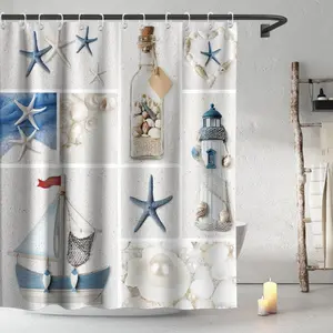 Ocean Coastal Shower Curtain, Nautical Seashell Beach Theme Blue Beige and White Bathroom Curtain, Bathroom Decorations with Hooks