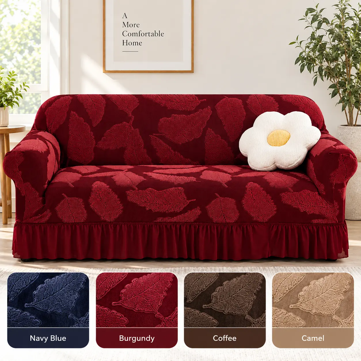 Solid Leaf Pattern Stretch Sofa Cover with Skirt- Soft Elastic Sofa Slipcover for Living Room Furniture - Suitable for 1/2/3/4 Seater - Perfect for Home Decor
