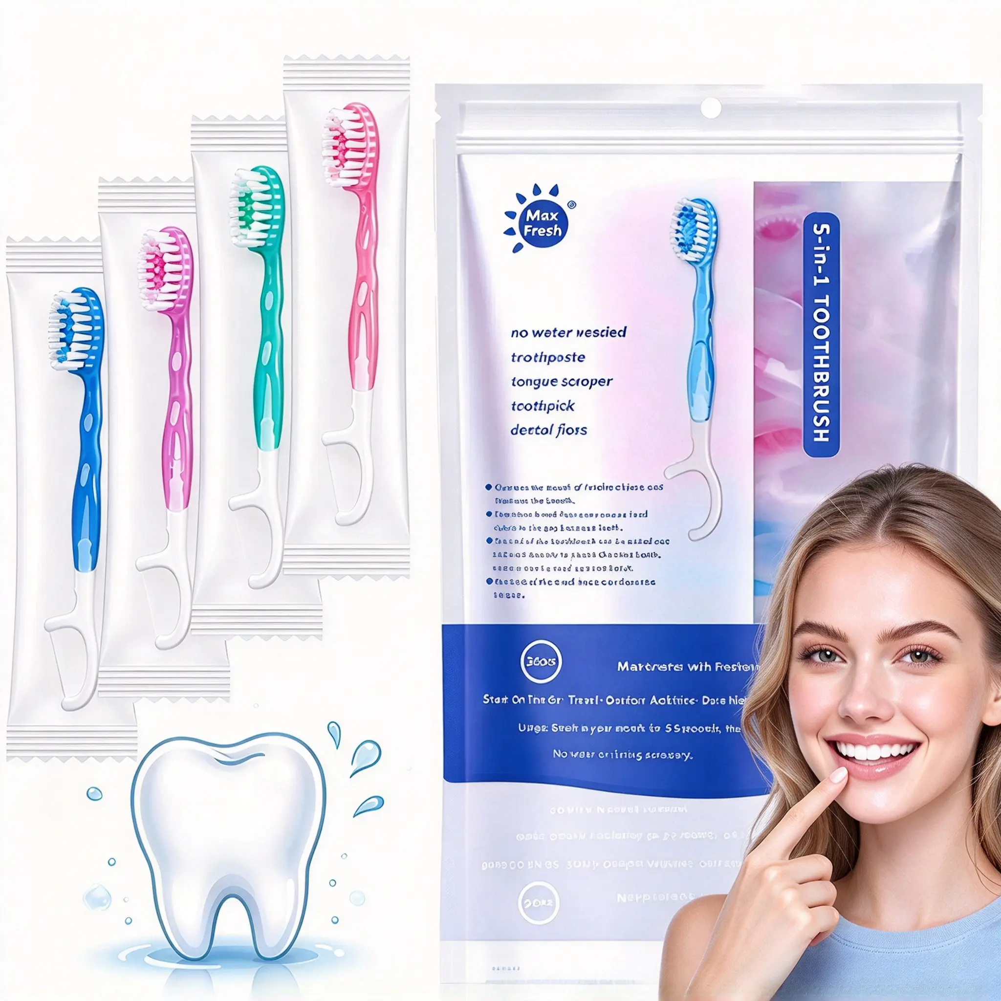 104 Pack 5-in-1 Disposable Waterless Mini Toothbrushes, Built-in Toothpaste, Dental Floss, Tongue Scraper & Toothpick, Mixed Flavors, Portable Travel Disposable Toothbrush for Hotel, Work, Camping