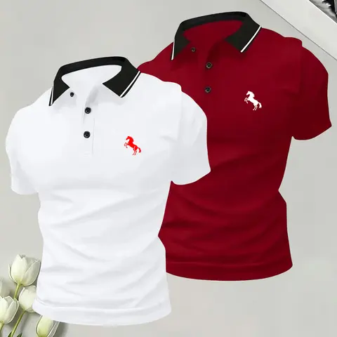 Men's 2-Pack Shortleeve Plain Collared Polo Shirts - Classic Cut, Simple Solid Color, Medium Length, Comfortable Male Clothing Tops for Business Casual Summer Clothes