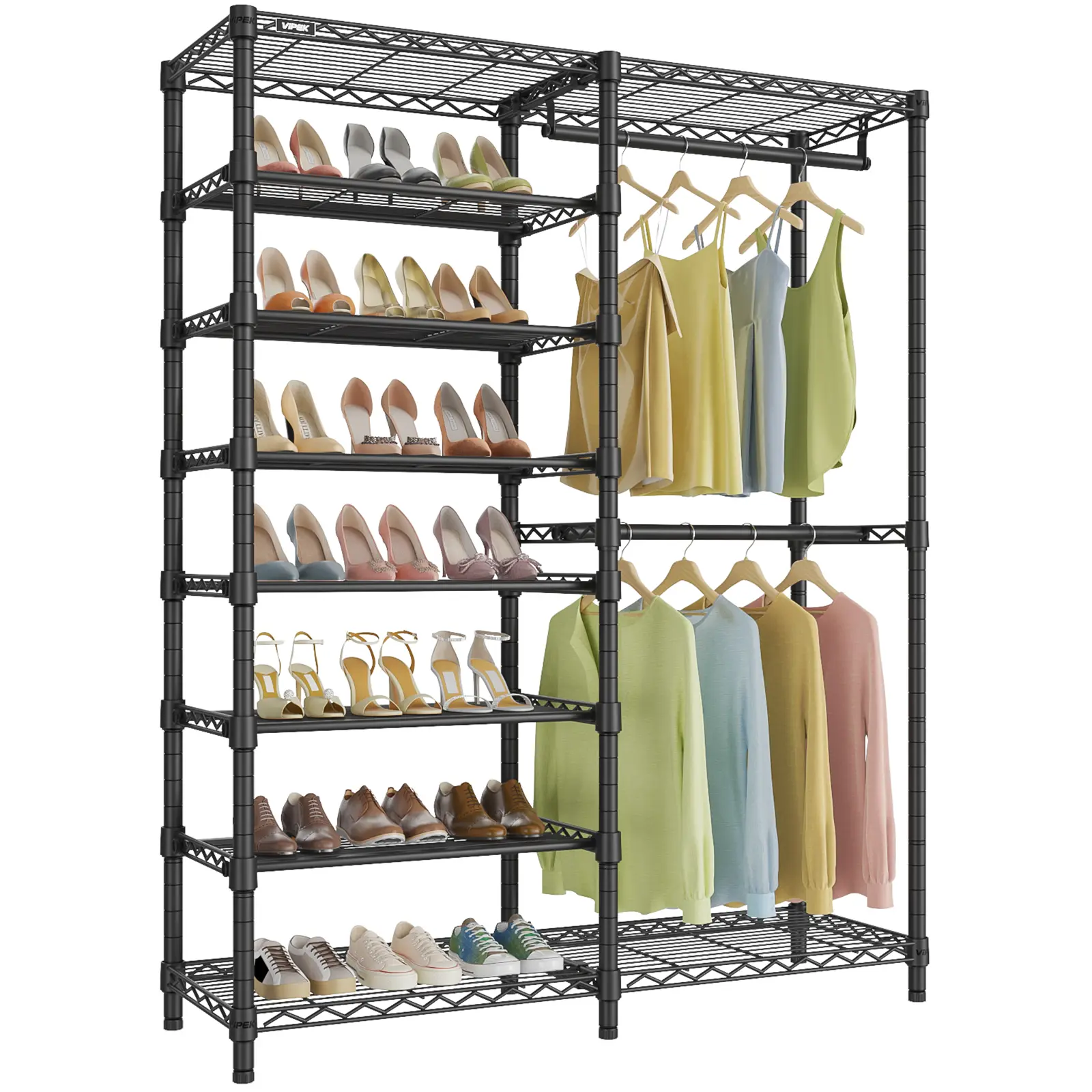 VIPEK S2 Heavy Duty Clothes Rack with Shoe Shelves Freestanding Clothing Rack with 6-Tier Shoe Rack, Double Hanging Rod, Adjustable Shelf, Walk in Closet Organizer Garment Rack