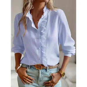 Women's Plain Ruffle Trim Button Front Blouse, Casual Elegant Bishop Sleeve Frill Trim Top for Daily Wear, Ladies Clothes for All Seasons