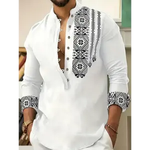 Men's Ethnic Style Geometric Print Stand Collar Long Sleeve Deep Henley Neck Shirt, Breathable And Comfy Casual Top For Daily Wear