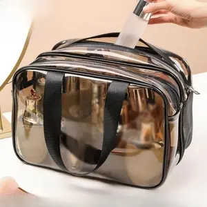 Large Waterproof Clear Travel Bag for Toiletries - Transparent Makeup Bag with Double Zipper Design - Compliant Carry-On for Men and Women - Stylish Black Trim