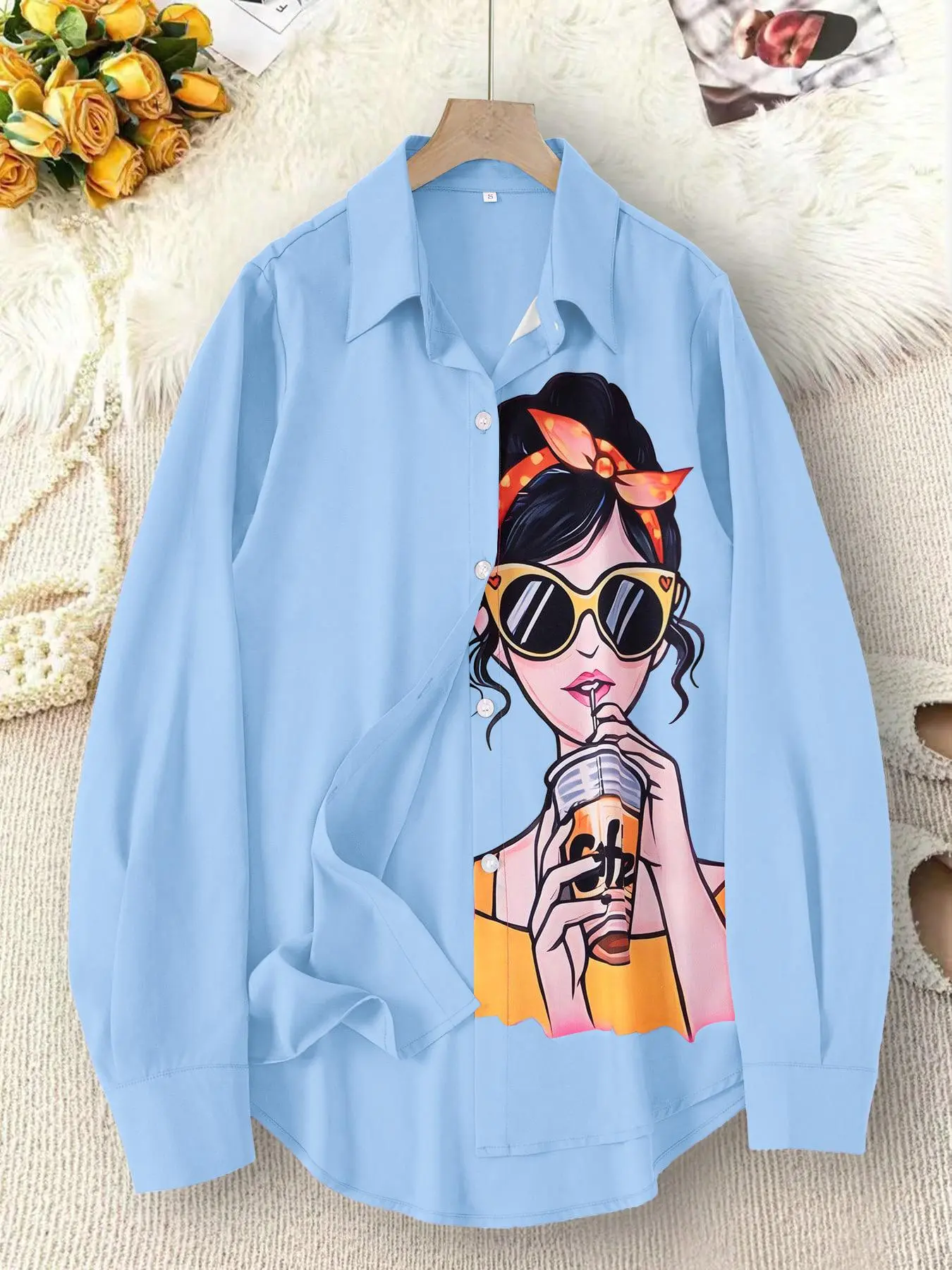 Women's Cartoon Print Blouse Girl Print Long Sleeve Shirt, Casual Collared Button Up Shirt for Daily Wear, Ladies Clothes for All Seasons, Top, Blouses Shirts