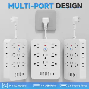 A 20 in 1 power socket with surge protection, including 14 AC sockets, 4 USB ports, 2 Type-C ports, American plug, 110-130V, wall mounted, with overload protection and hanging holes, suitable for homes, dormitories,  - black/white compact desk